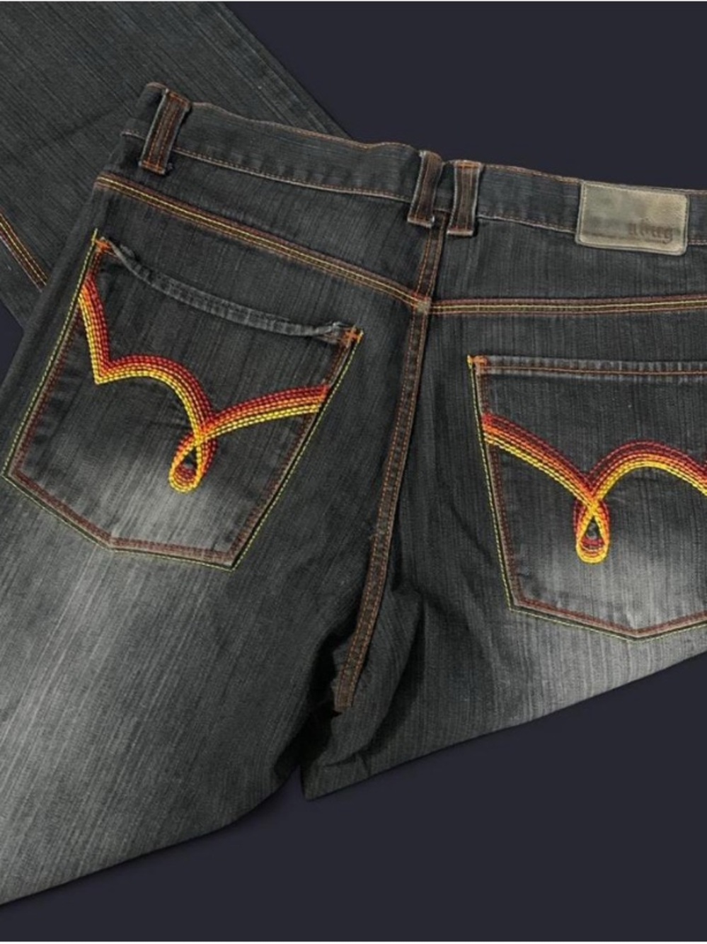 Men's Black Washed Jeans with Red & Yellow Pocket Stitching